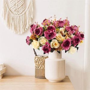 Fleurs décoratives artificielles fausses roses 12 têtes bouquet de soie avec tiges en plastique pour table de mariage vase pièce maîtresse plantes cadeau décor de salle