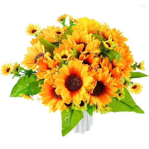 Fleurs décoratives Tournesols en soie d'automne artificiels Bouquets de tournesol jaune vif avec tiges 4 bouquets / paquet pour la décoration de mariage à la maison