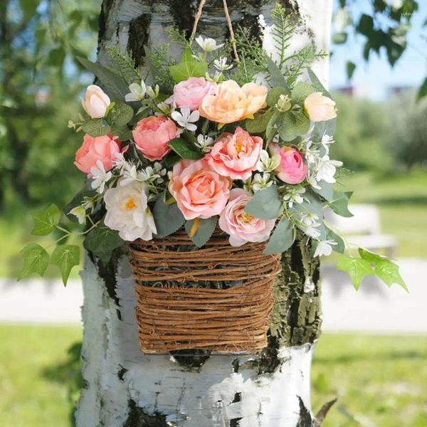 Flores decorativas Cesta de flores artificiales Colgante vibrante con cordón de simulación de peonía rosa realista para facilitar