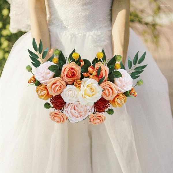 Fleurs décoratives boîte de Bouquet de fleurs artificielles exécution fine mariage réaliste avec des feuilles bricolage Bouquets décoration de la maison