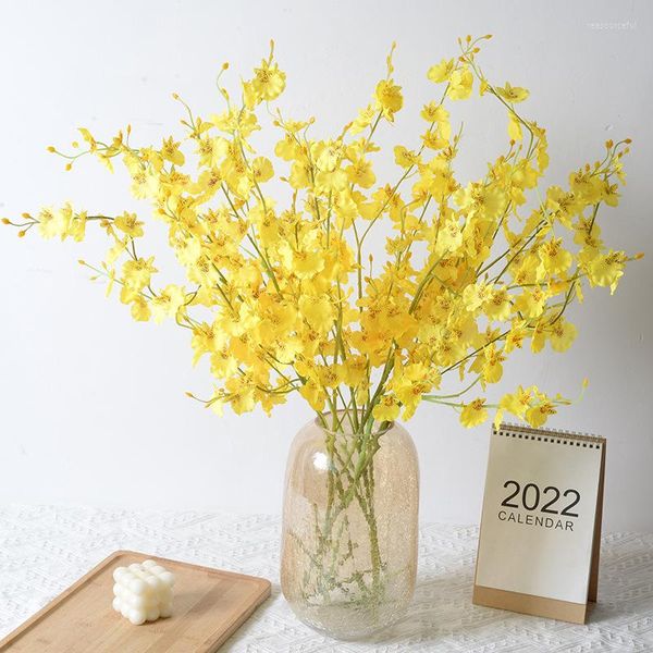 Flores decorativas Flor artificial Mariposa Orquídea Baile Amarillo Oncidium Seda Ramo de plástico Boda Decoración para el hogar