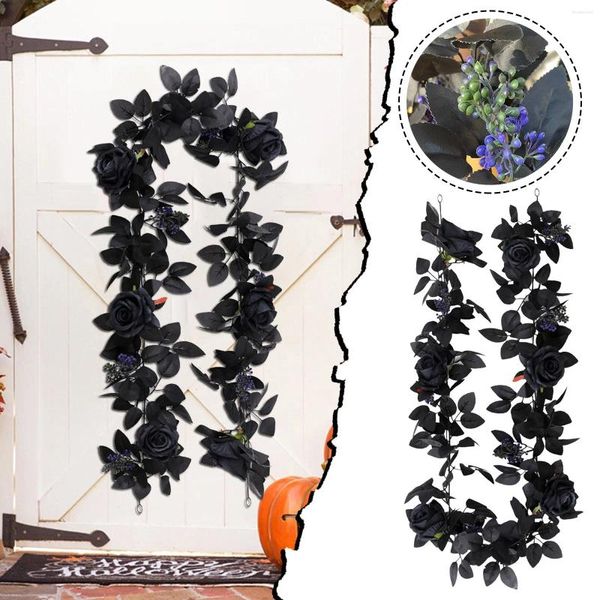 Fleurs décoratives têtes de fleurs artificielles vigne de rose noire pour décoration d'Halloween suspendue en soie extérieure