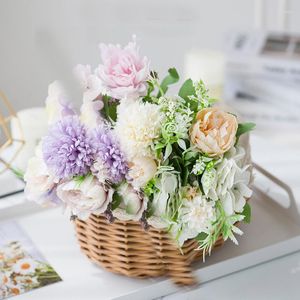 Fleurs décoratives Fleur artificielle de haute qualité Silk rose Peony Hortensia Bouquet hybride salon Bureau de bureau de maison Faux Accessoires