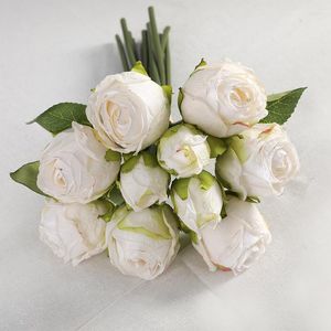 Fleurs décoratives fleur artificielle vraie touche soie blanc Bouquet haute qualité10 tête chérie Rose pour mariée mariage décor à la maison