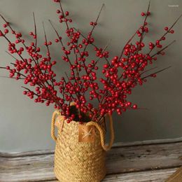 Flores decorativas Flor artificial Tallos de bayas rojas de 25 pulgadas Ramas de acebo de Navidad para decoraciones de árboles Crafts Decoración del hogar de bodas