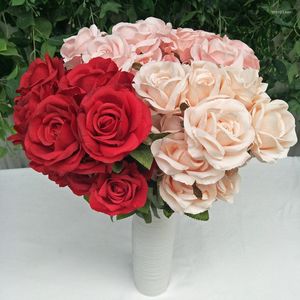 Fleurs décoratives Fleur Artificielle Rouge Rose Soie Rose Bouquet DIY Guirlande Fournitures De Fête De Mariage Décoration De La Maison Cadeau 9 Têtes Faux Faux