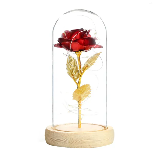 Fleurs décoratives fleur artificielle Rose rouge conservée dans un dôme de verre avec lumière LED pour les décorations de bureau à domicile