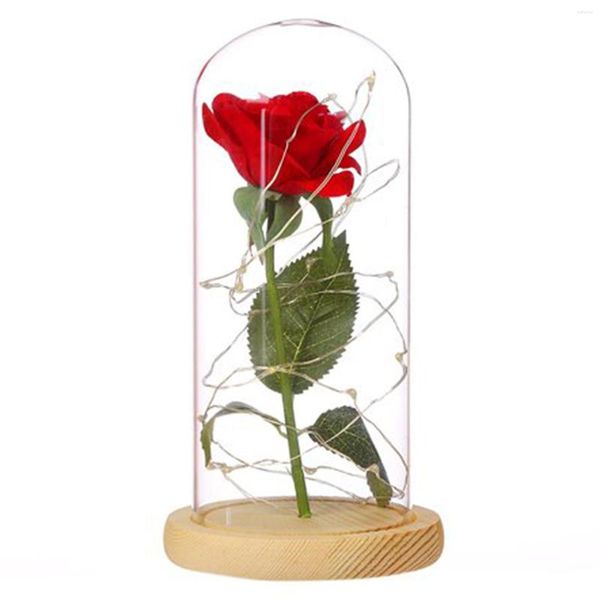 Flores decorativas flor artificial hoja de oro rosa roja y luz Led en cúpula de cristal regalo romántico para aniversario de boda