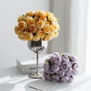 Fleurs décoratives ensemble de fleurs artificielles avec vase à gobelet simulation 27 tête rose pour bricolage bouquet de fête de mariage bébé douche décoration de la maison