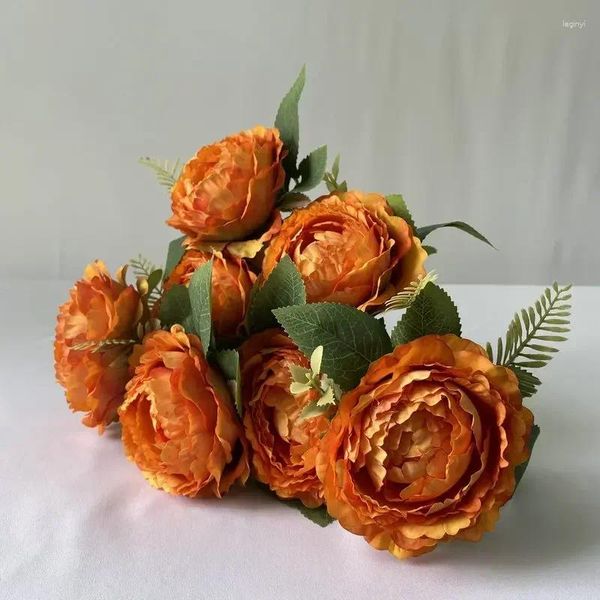 Fleurs décoratives Fleur artificielle Silk orange Peony Roses Bundle Wedding Fake Simulation Péonies Rose Home Living Room Decoration Floral