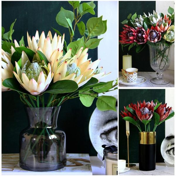 Flores decorativas flor artificial seda rey Protea DIY arreglo falso emperador blanco fiesta en casa decoración de mesa de boda