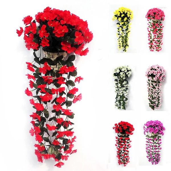 Flores decorativas Flor artificial Día de San Valentín Simulación de la pared Canasta colgante de la pared orquídea de vía de seda falsa