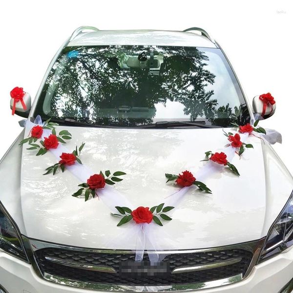 Fleurs décoratives Fleur artificielle Mariage DIY Voiture Décoration De Mariée Poignée De Porte Rubans Soie Coin Galand Avec Tulle Coffret Cadeau