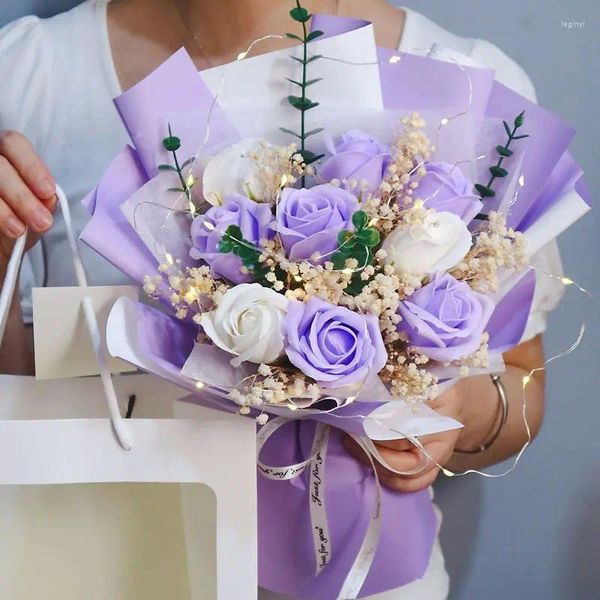 Fleurs décoratives fleur artificielle mariage anniversaire savon faux Rose Bouquet présent bonne fête des mères cadeaux douche nuptiale pour toujours