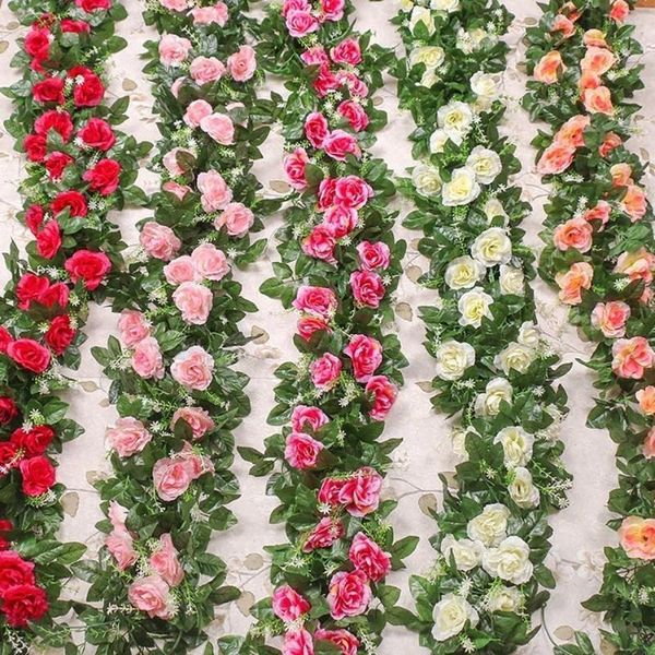 Fleurs décoratives Fleur artificielle Blanc Rouge Rose Vigne Lierre Mariage Bureau Mur extérieur Garden Party Décoration de la maison Fausses plantes 2,2 m