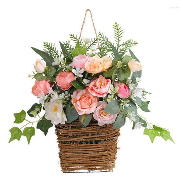 Flores decorativas Guirnalda de flores artificiales Primavera Verano Flores silvestres Puerta Cesta colgante Percha rosa para granja Cottage Garland