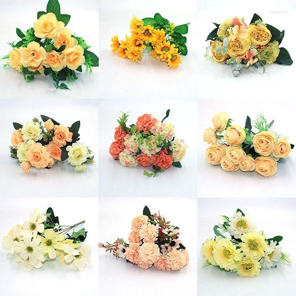 Fleurs décoratives Fleur Artificielle Jaune Vintage Soie Pivoine Rose Bouquet Épis De Blé Mixte Floral Mariage Mariée De Poche Faux Maison DIY Par