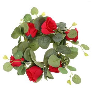 Flores decorativas Anillos de guirnaldas artificiales para velas de pilares Rose Invierno Boda Centros de mesa Tablas de plástico Corona de mesa Faux