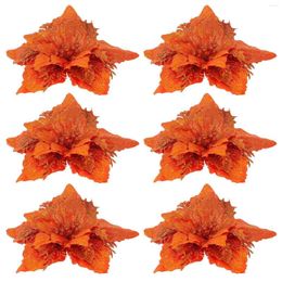 Decoratieve bloemen Kunstmatige glitter Kerst Poinsettia Bloemen: 6 stuks Oranje Ornamenten Kerstboomvuller Vakantiedecoraties