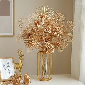 Flores decorativas Artificial Golden Ginkgo Leaf Flower Navidad Decoración del hogar Arreglo de eucalipto de oro rosa