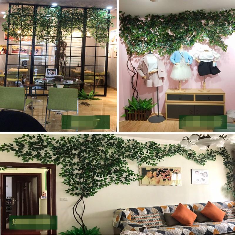 Decorative Flowers Artificial Green Ficus Leaf Ginkgo Biloba Branches With Dried Tree Rattan Sets For Home Living Room Decorations