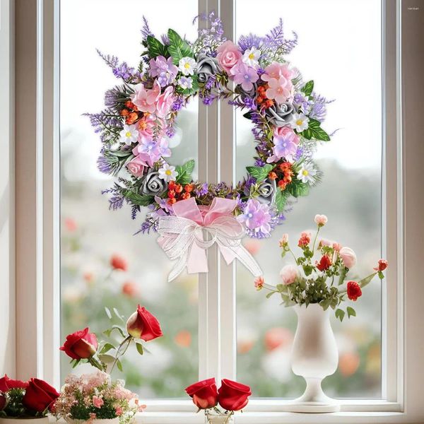 Couronne de fleurs décoratives, feuilles vertes artificielles, avec nœud papillon, pour porte d'entrée, décoration murale de maison, fenêtre de bureau