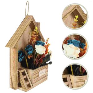 Decoratieve bloemen kunstmatige hangende mand bloem bloemen ornament houten planter nepwanddecoratie architectuur zijden houten huis