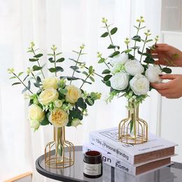 Dekorative Blumen, künstlich, hochwertig, mit Vase für Heimdekoration, Handarbeit, Pfingstrose, Hochzeitsstrauß, gefälschte Pflanzen, Seide, Eukalyptusblatt