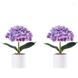 Fleurs décoratives Fleur d'hortensia artificielle avec pot blanc en ensemble violet de 2 vases pour décoration de maison Bouquet Crochet Lily la vallée