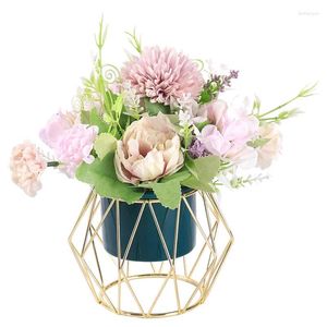 Fleurs décoratives Hortensia artificielle dans le vase en céramique en soie chrysanthemum mini-faux en pot avec support en métal