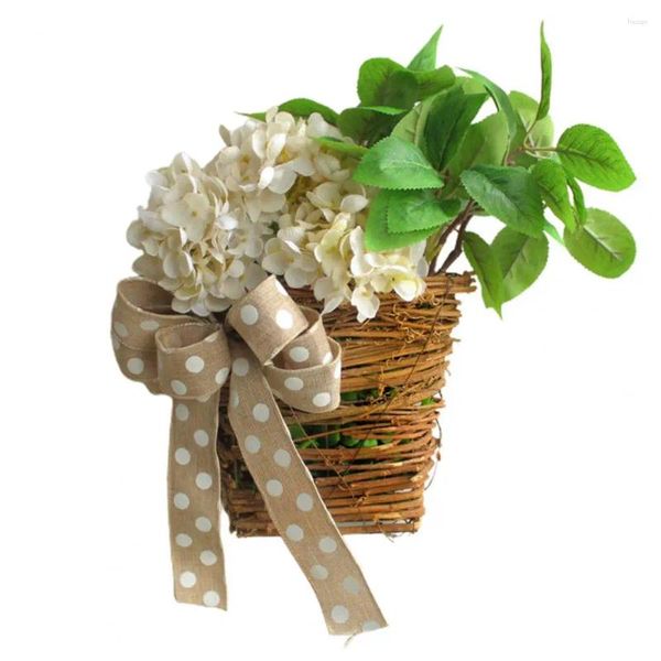 Flores decorativas Ornamento hortensista artificial Canasta de flores de ratán elegante con Bownot punteado para ventana verano