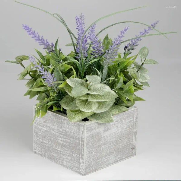 Flores decorativas Planta de lavanda artificial en la blanca rústica caja de madera de crochet hortensia faux enram vantes falsas rosas ra