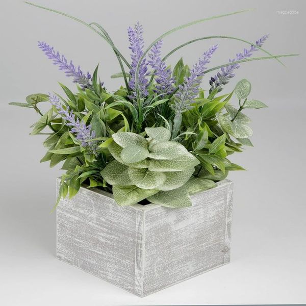 Flores decorativas, planta de lavanda Artificial en caja de madera rústica blanca, decoración de guirnalda para decoración, jarrones de boda para el hogar