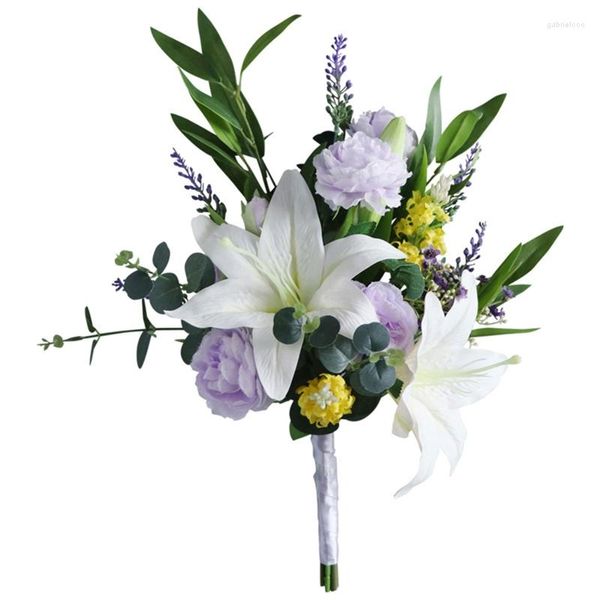 Fleurs décoratives bouquet de fleurs de lys artificielles avec feuilles et tige faux ornement floral en soie pour la mariée de mariage de la saint-valentin