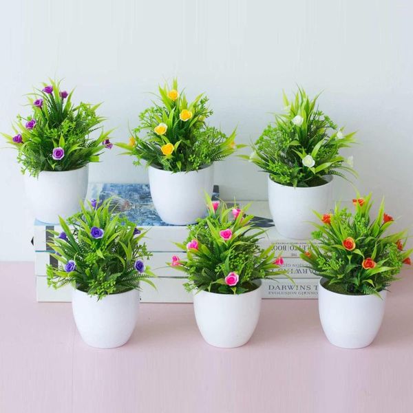Fleurs décoratives Artificielle Mini Rose Pot En Pot Faux Plantes En Plastique Bonsaï Pour Intérieur Extérieur Maison Bureau Décor