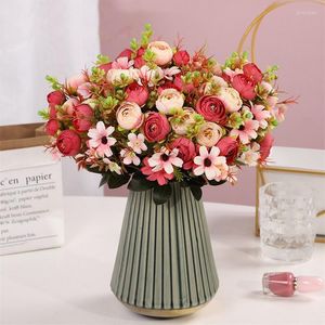 Fleurs décoratives Artificielle Style Nordique Rose Bourgeon Thé Bouquet Faux Fleur BRICOLAGE Fournitures Vase Pour La Fête De Mariage Maison Jardin Décoration