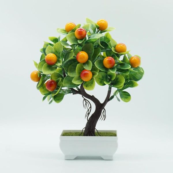 Flores decorativas Naranjos artificiales En maceta Faux Fruit Tree Bonsai con jarrón Decoración de escritorio Estilo de casa de campo Centro de mesa para el hogar