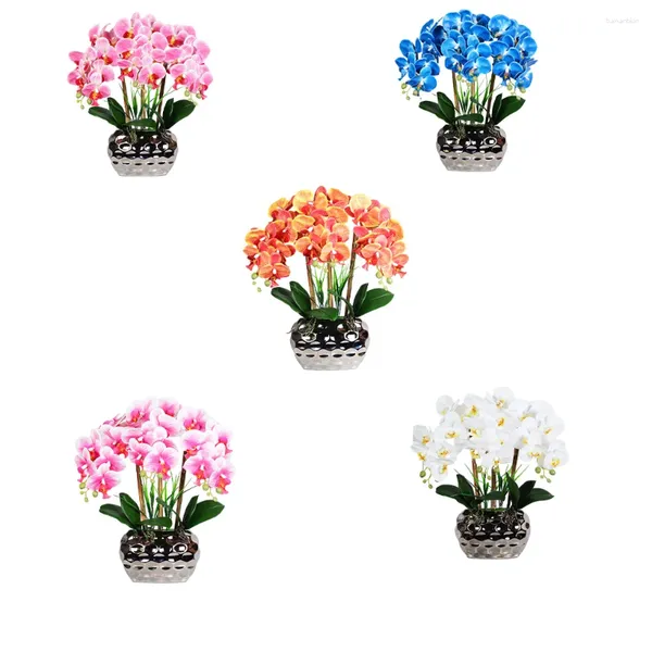 Flores decorativas Orquídeas artificiales Bonsai con jarrón Phalaenopsis Touch real plantas falsas Orquídeas para sala de estar Boda en casa azul