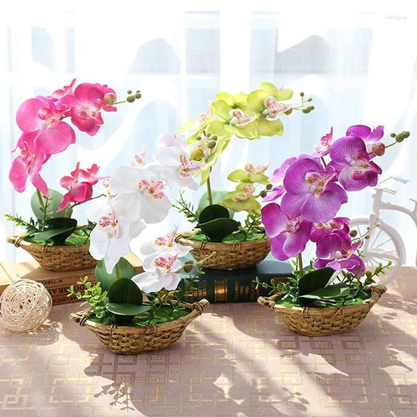 Fleurs décoratives Fleur d'orchidée artificielle Phalaenopsis Faux Faux en pot Bonsaï Panier Plante en soie Décoration de table de fête de mariage Artisanat