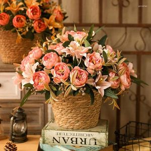 Fleurs décoratives artificielles pivoine lys bouquet soie fausse fleur plante verte mariage floral décoration de la maison lys vintage pivoines rose