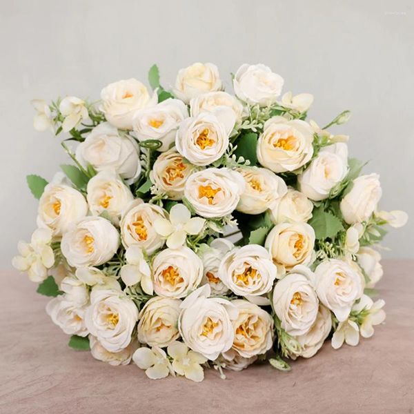 Fleurs décoratives pivoines artificielles Rose Bouquet blanc 10 têtes thé fausse fleur pour bricolage mariage maison jardin décoration extérieure