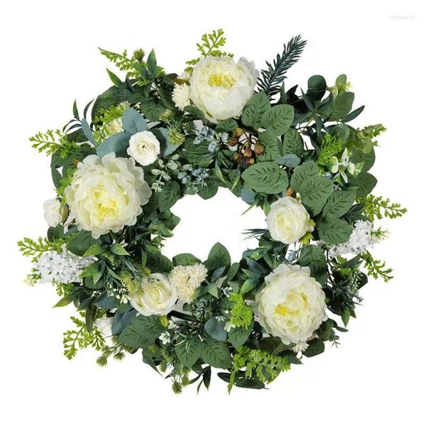 Flores decorativas coronas de peonía artificial 51 cm/20.07 pulgadas con hojas verdes de la flor blanca decoraciones colgantes de bienvenida