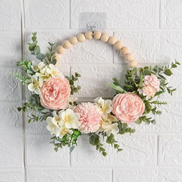 Fleurs décoratives couronne de pivoine artificielle Faux Floral printemps perle en bois Valentine pour porte chambre décor de mariage