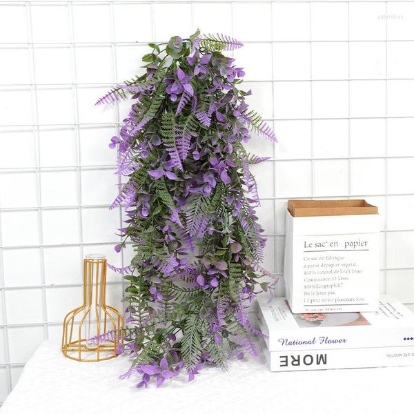 Flores decorativas Planta artificial Flocado Hojas de helecho persa Vides Decoración de la habitación del hogar Hoja de eucalipto Guirnalda de lavanda Colgante de pared Balcón