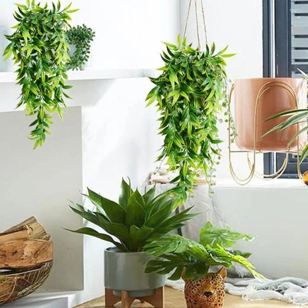 Flores decorativas Planta artificial Realista Plástico Colgante Simulación Verde Helecho persa Hojas Vides Pared suave Balcón Boda Hogar