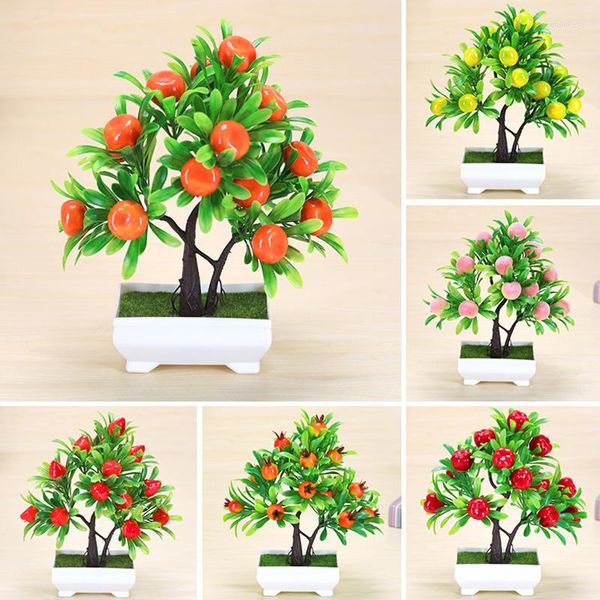 Fiori decorativi Piante artificiali Bonsai Mela Arancione Albero da frutto in vaso per la casa Decorazione della stanza nuziale Fiore El Party Decor Falso