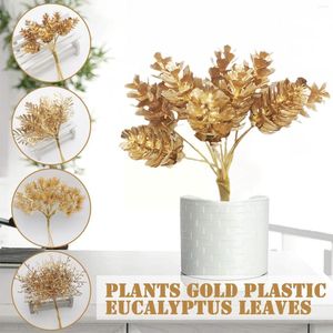 Fleurs décoratives Plantes artificielles Feuilles d'eucalyptus en plastique doré Décoration de couronne de maison Décorations florales Arrangement de plantes de Noël de mariage