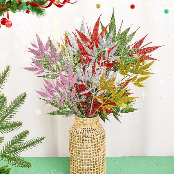 Flores decorativas Plantas artificiales Hojas Multicolor Polvo de oro Bambú Plástico Artesanía Adornos de habitación Boda Navidad Decoración del hogar