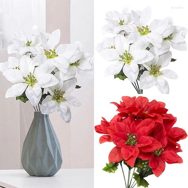 Fleurs décoratives artificielles Poinsettia arbustes 7 têtes tissu noël blanc fleur de soie fausses plantes rouges Festival mariage Bouquet maison