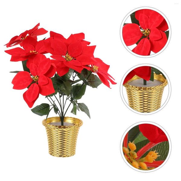 Flores decorativas, maceta de plantas artificiales de Poinsettia, flor roja, decoración navideña, arreglo en maceta, hogar de Navidad